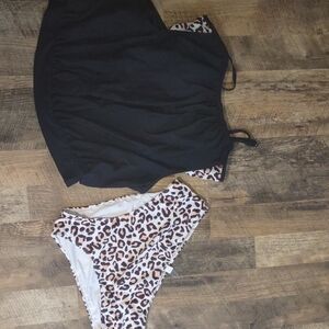 Black and Leopard Print Swimsuit Set